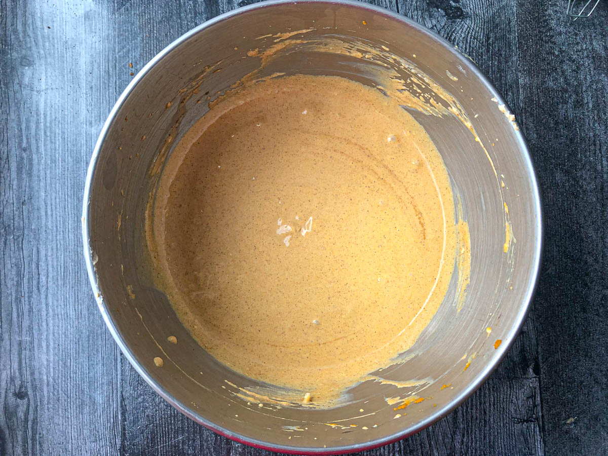 mixing bowl with pumpkin batter