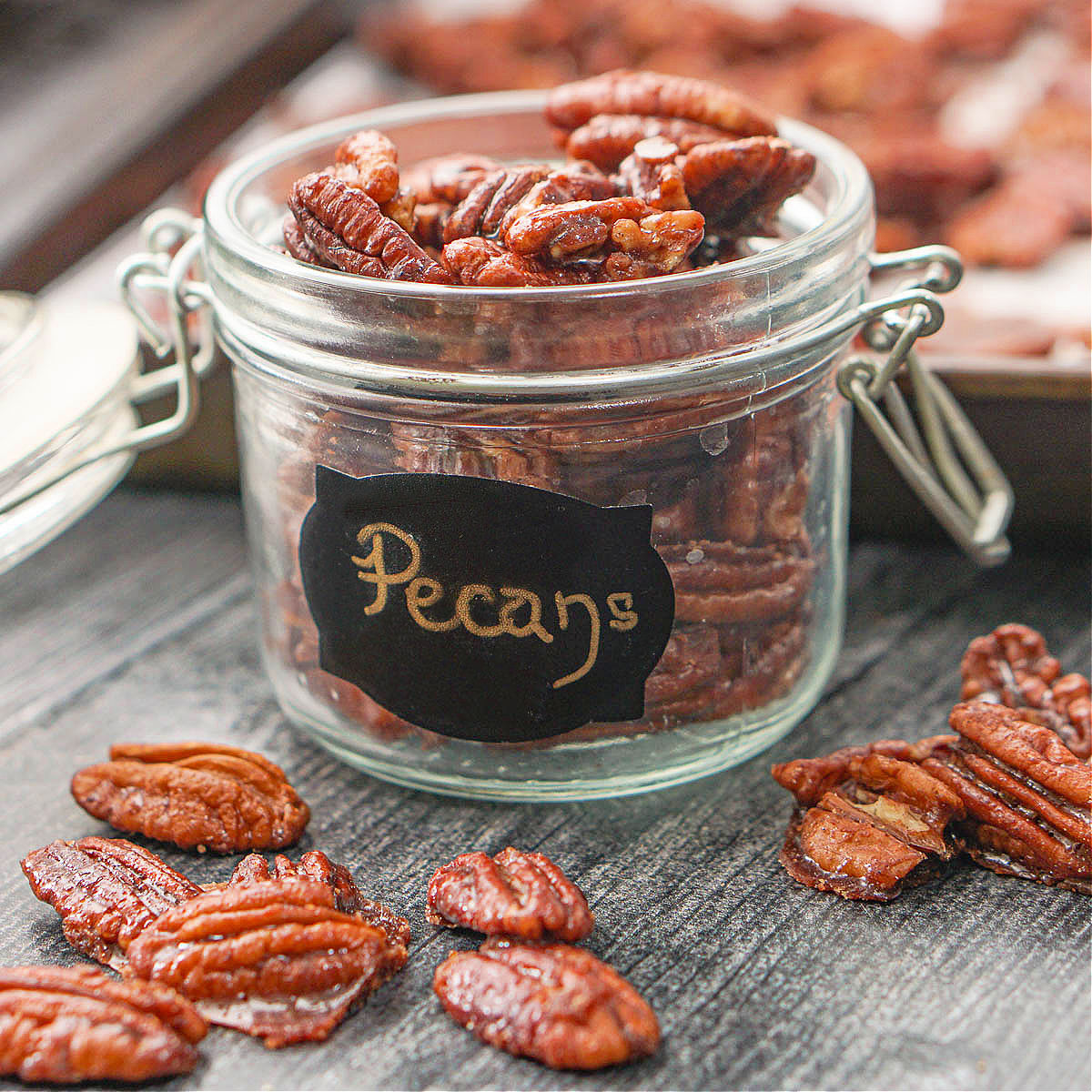 glass jar with keto pumpkin spice pecans