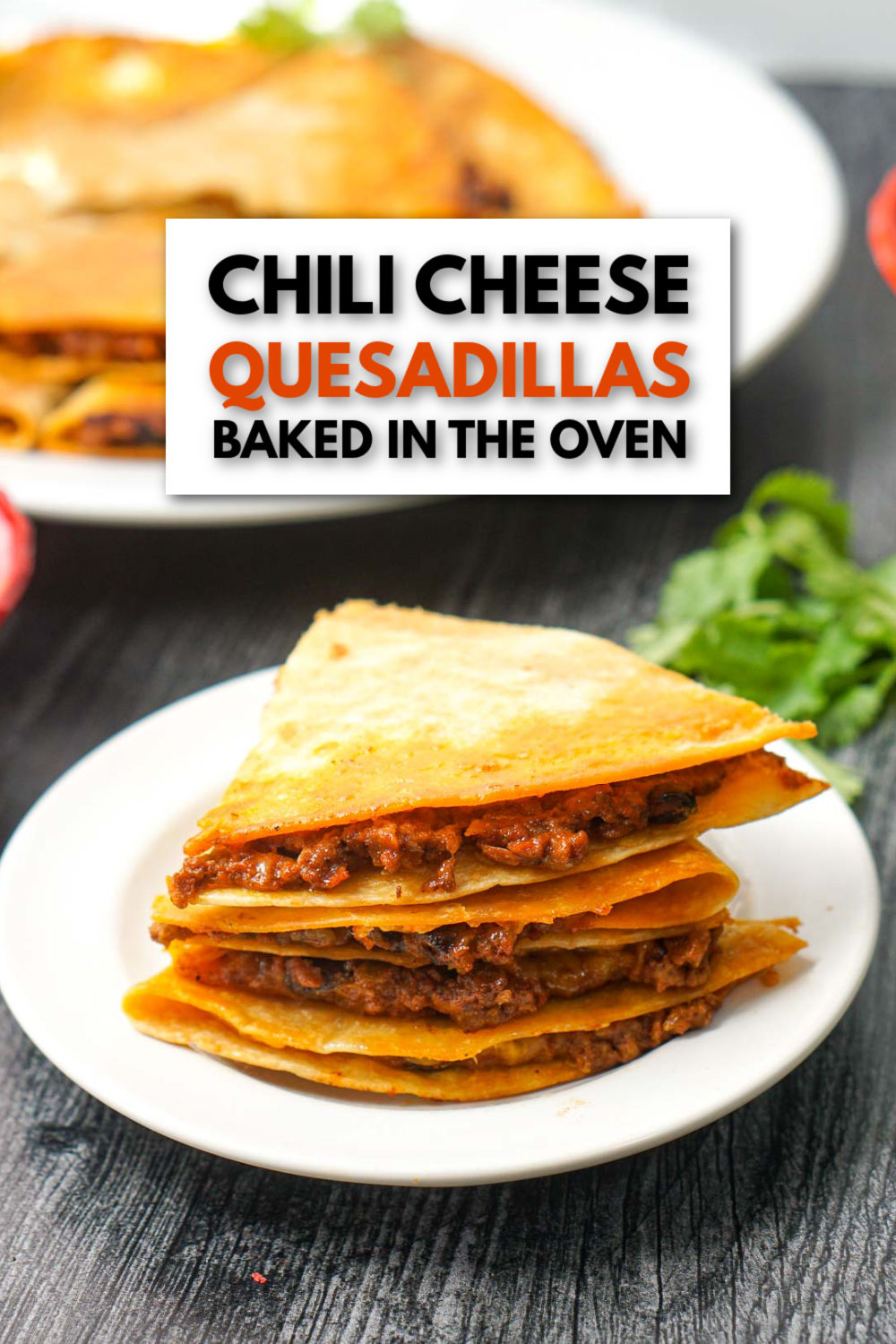 a stack of chili quesadillas on white plate and text