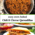 pan with chili and quesadillas with text