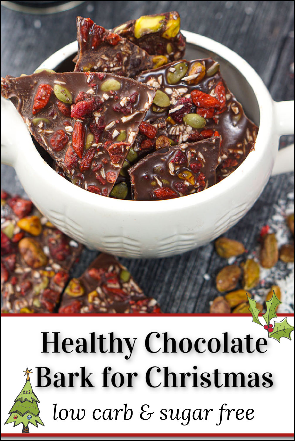 white bowl with keto chocolate bark and text