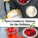 recipe ingredients - champagne, sweetener, cranberries and flutes of mimosas with text