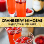 closeup of mimosas with fresh cranberries and text