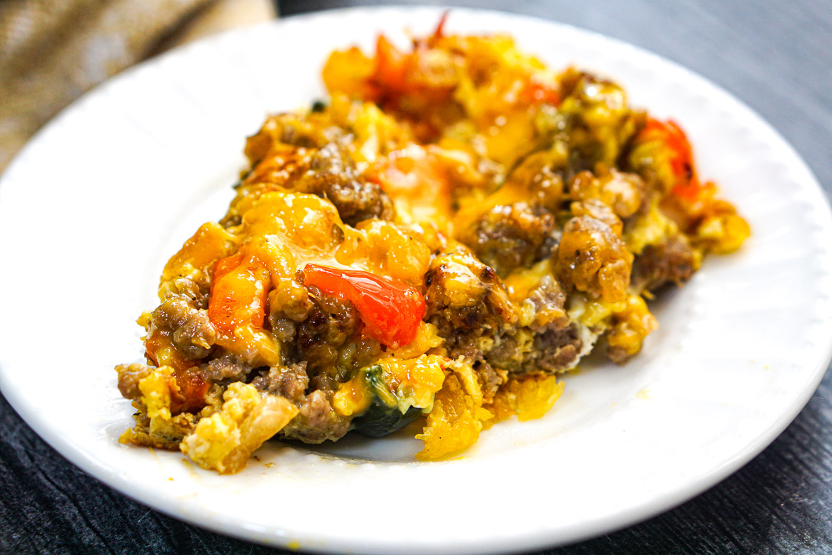 Closeup of a slice of the low carb sausage and egg mixture.