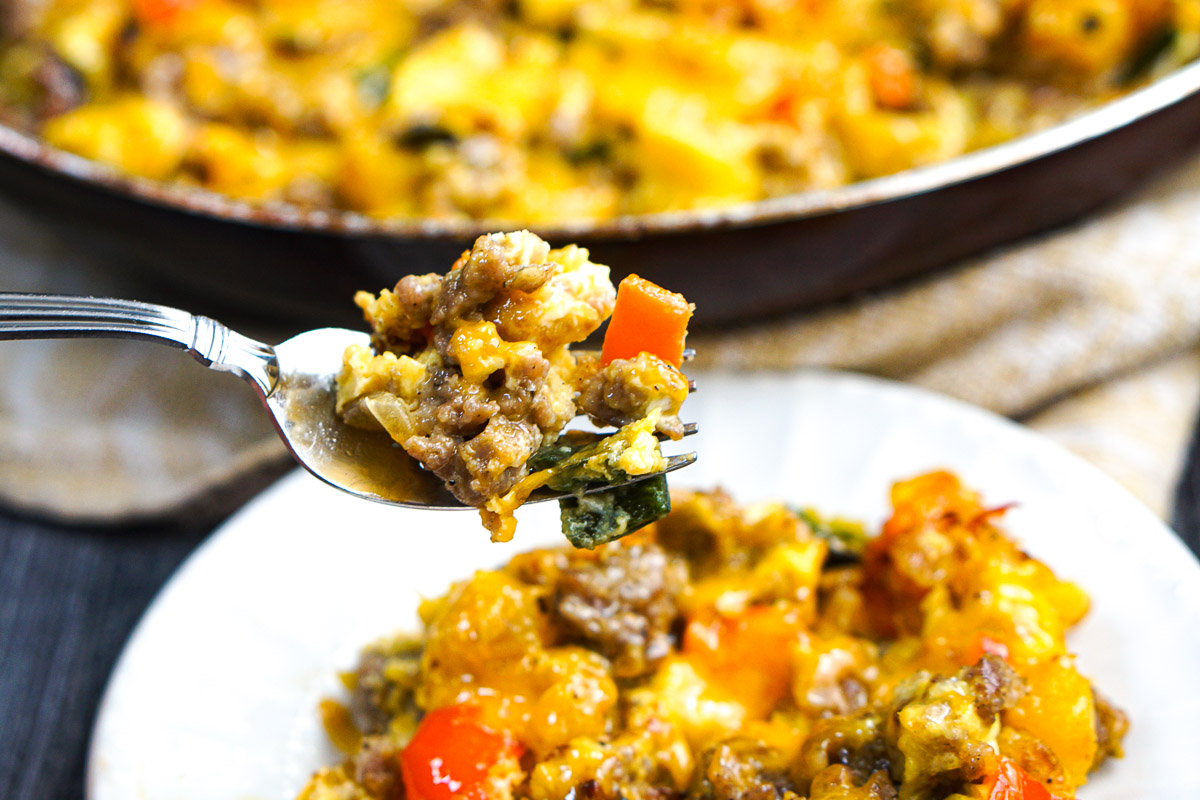 Closeup of a forkful of the finished recipe.