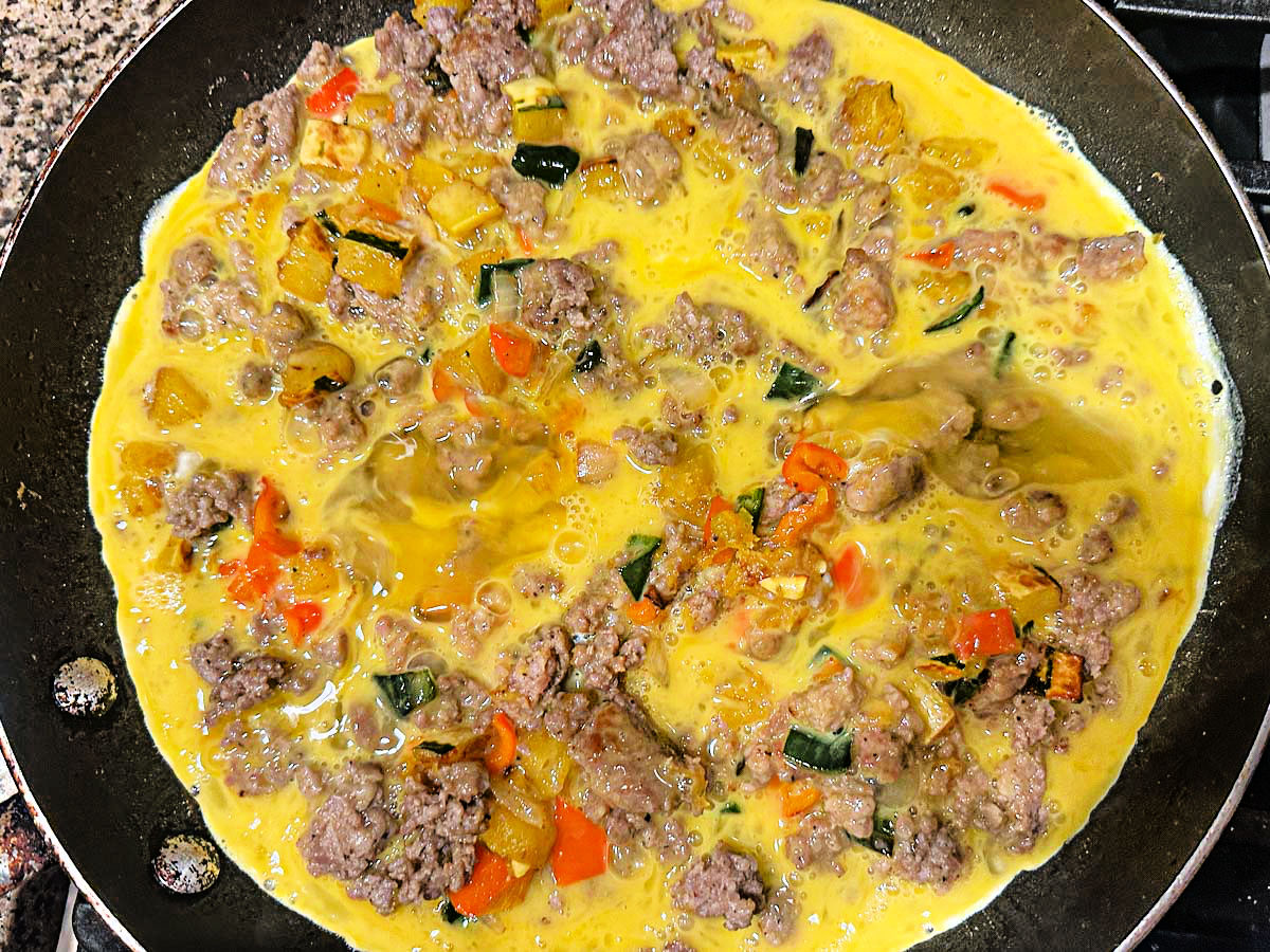 Pan with the eggs added to the rest of the ingredients.