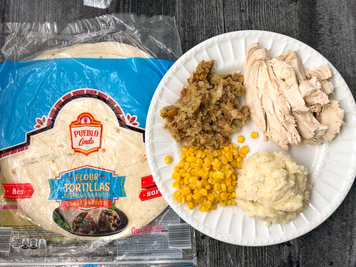 recipe ingredients - flour tortillas and a white plate with turkey dinner leftovers