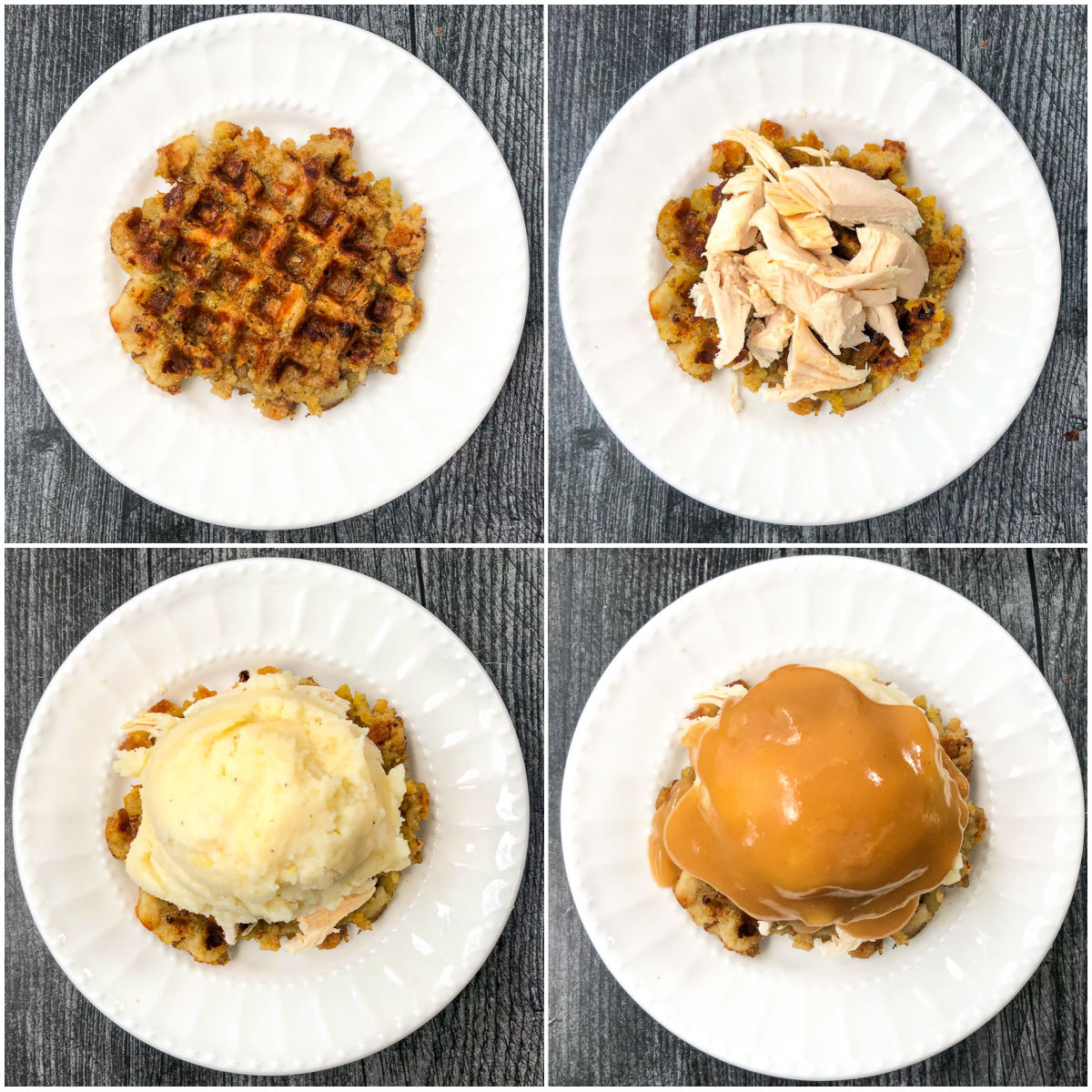 collage of how to assemble leftover Thanksgiving waffles