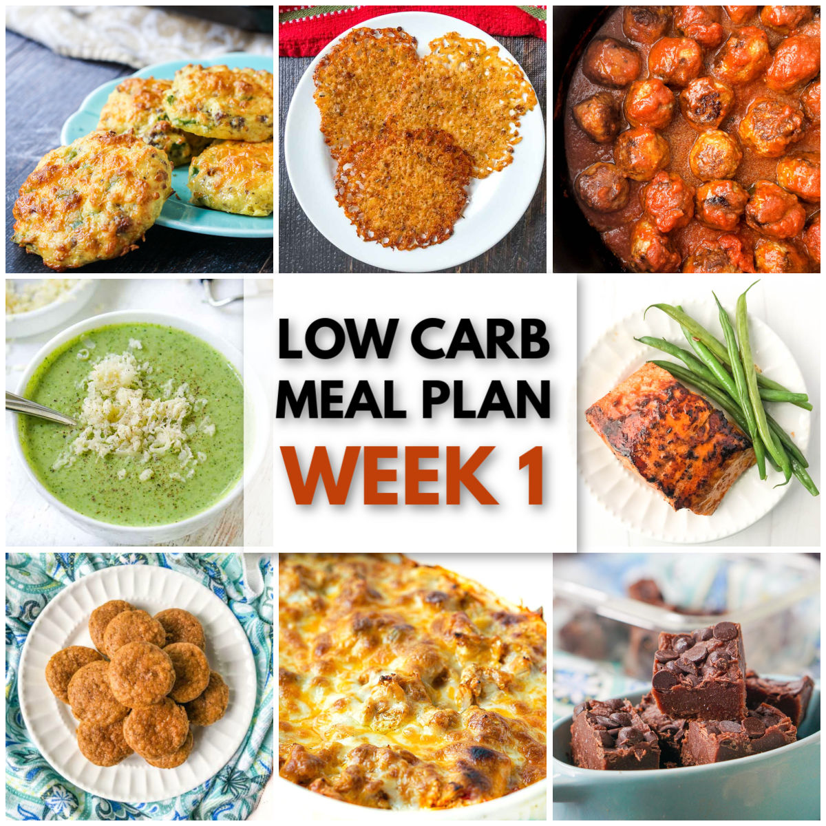collage of low carb meal plan for week 1 and text