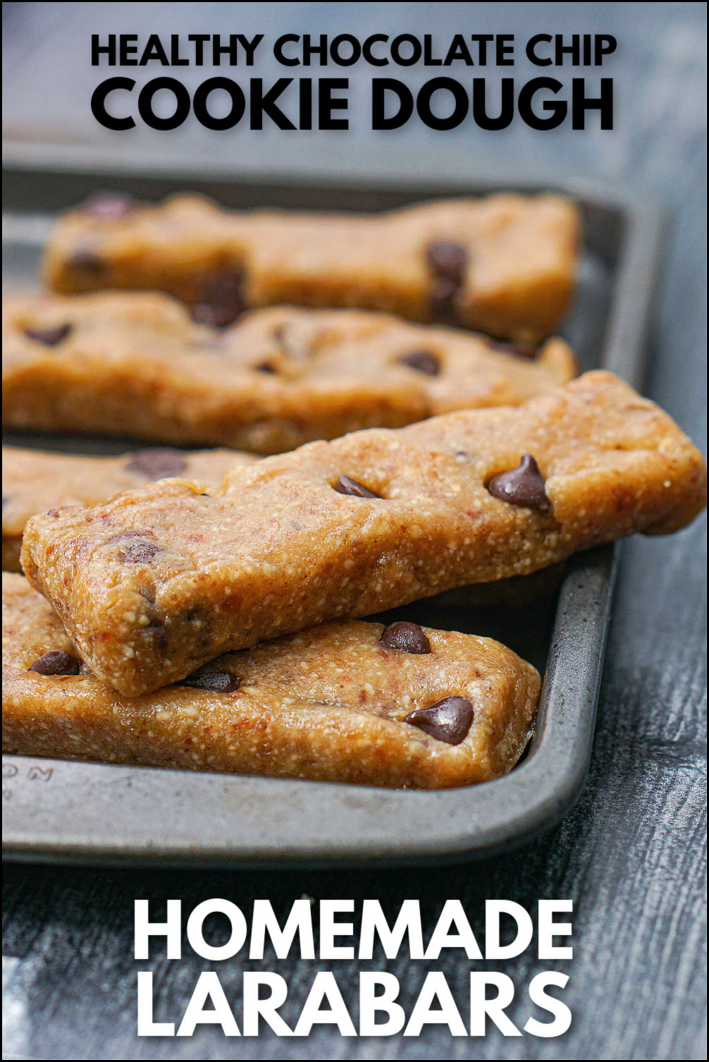 baking sheet with cut Larabars and text