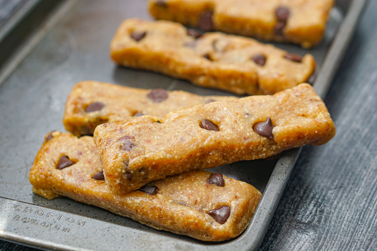 baking sheet with cut Larabars