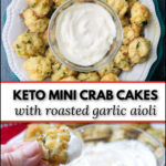 white plate with garlic aioli and mini keto crab cakes and text