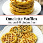 white plate with a mixture of different flavored low carb omelet waffles with text