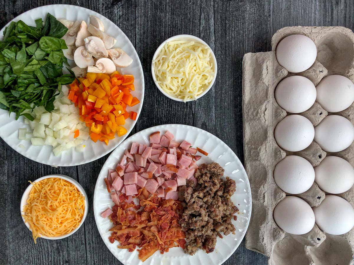waffle ingredients - eggs, cheese, veggies and meats