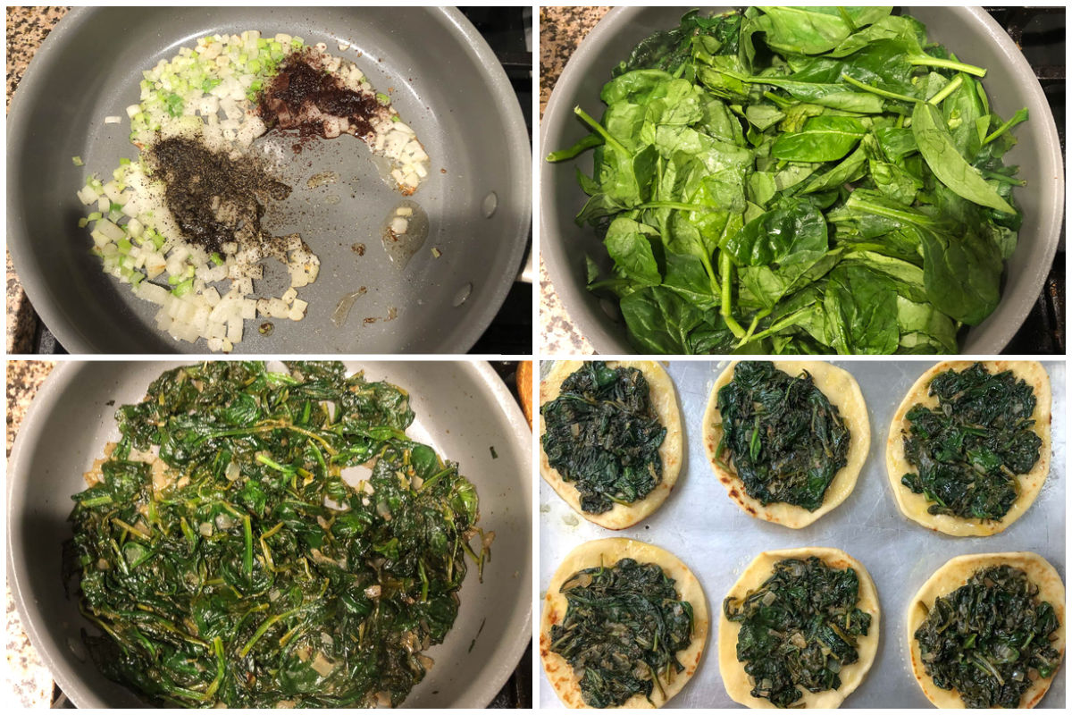 collage of how to make spinach pies with naan bread