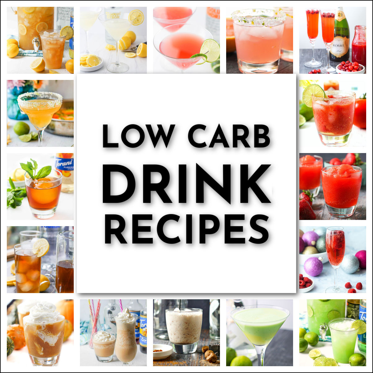 collage of low carb drinks and text
