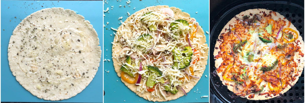 collage of veggie tortilla pizza
