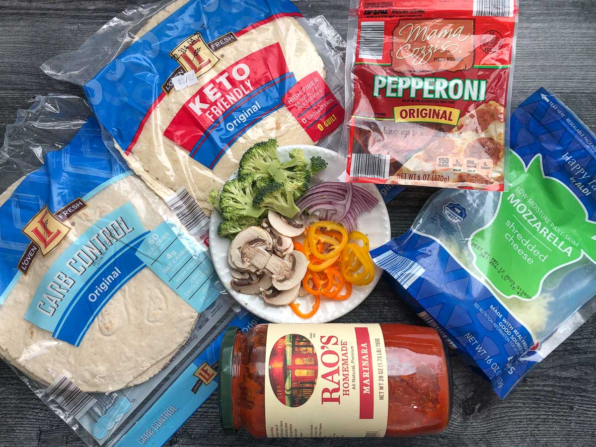 recipe ingredients - keto tortillas, pepperoni, marinara, mozzarella, sliced veggies