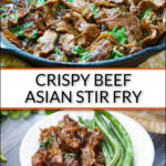 skillet and white plate with spicy beef stir fry with text