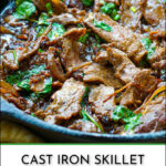 skillet with spicy beef stir fry with text