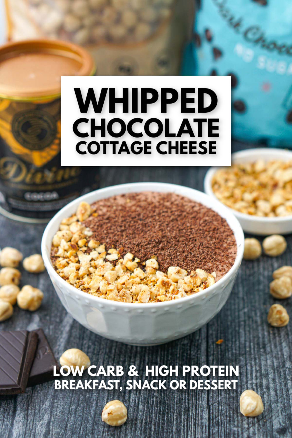 healthy chocolate whipped cottage cheese with text