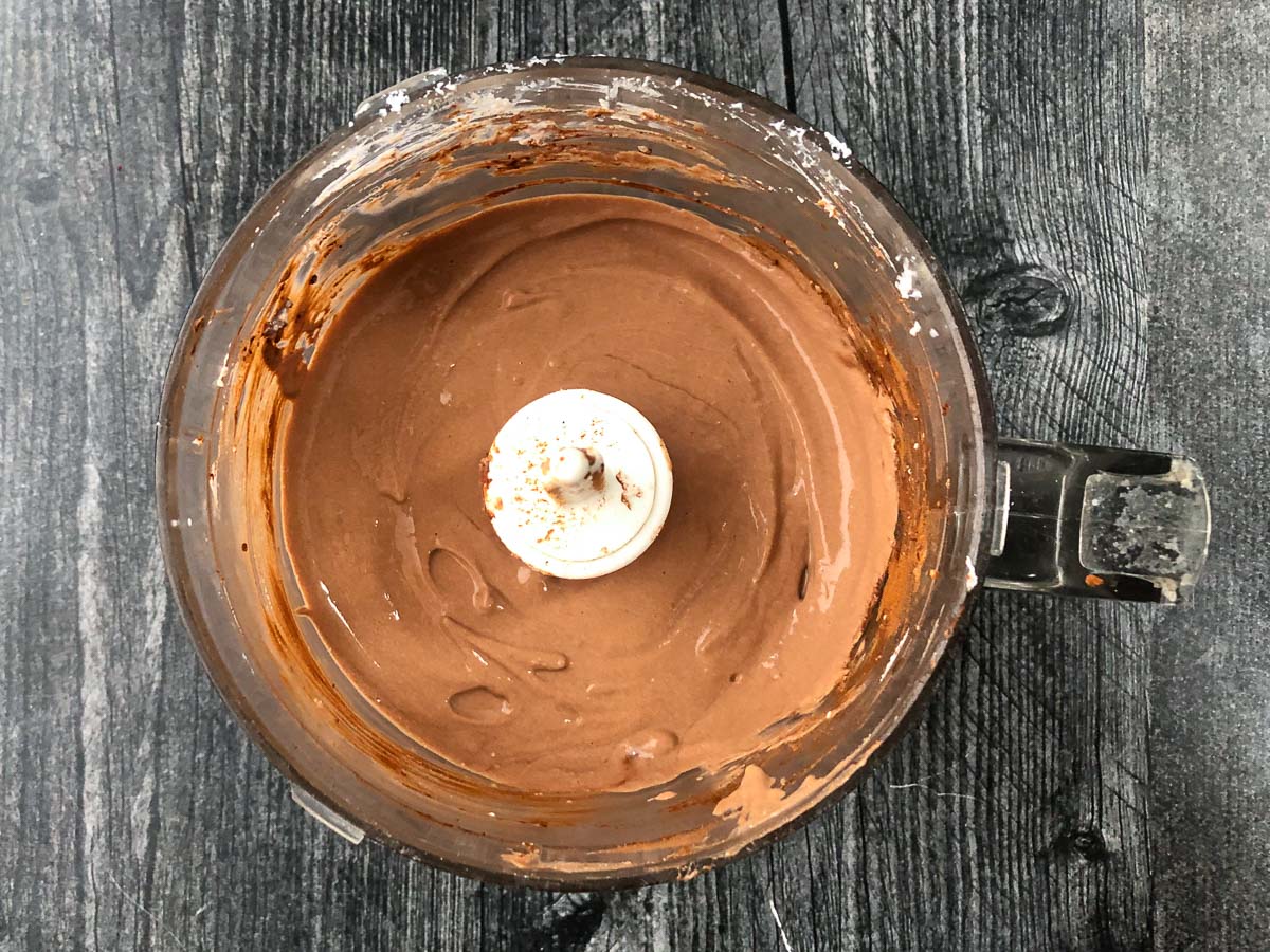 chocolate cottage cheese in food processor after whipping