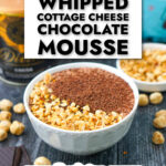 bowl of keto protein whipped cottage cheese chocolate mousse and text