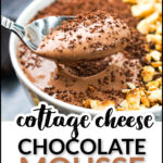 bowl of keto protein whipped cottage cheese chocolate mousse and text