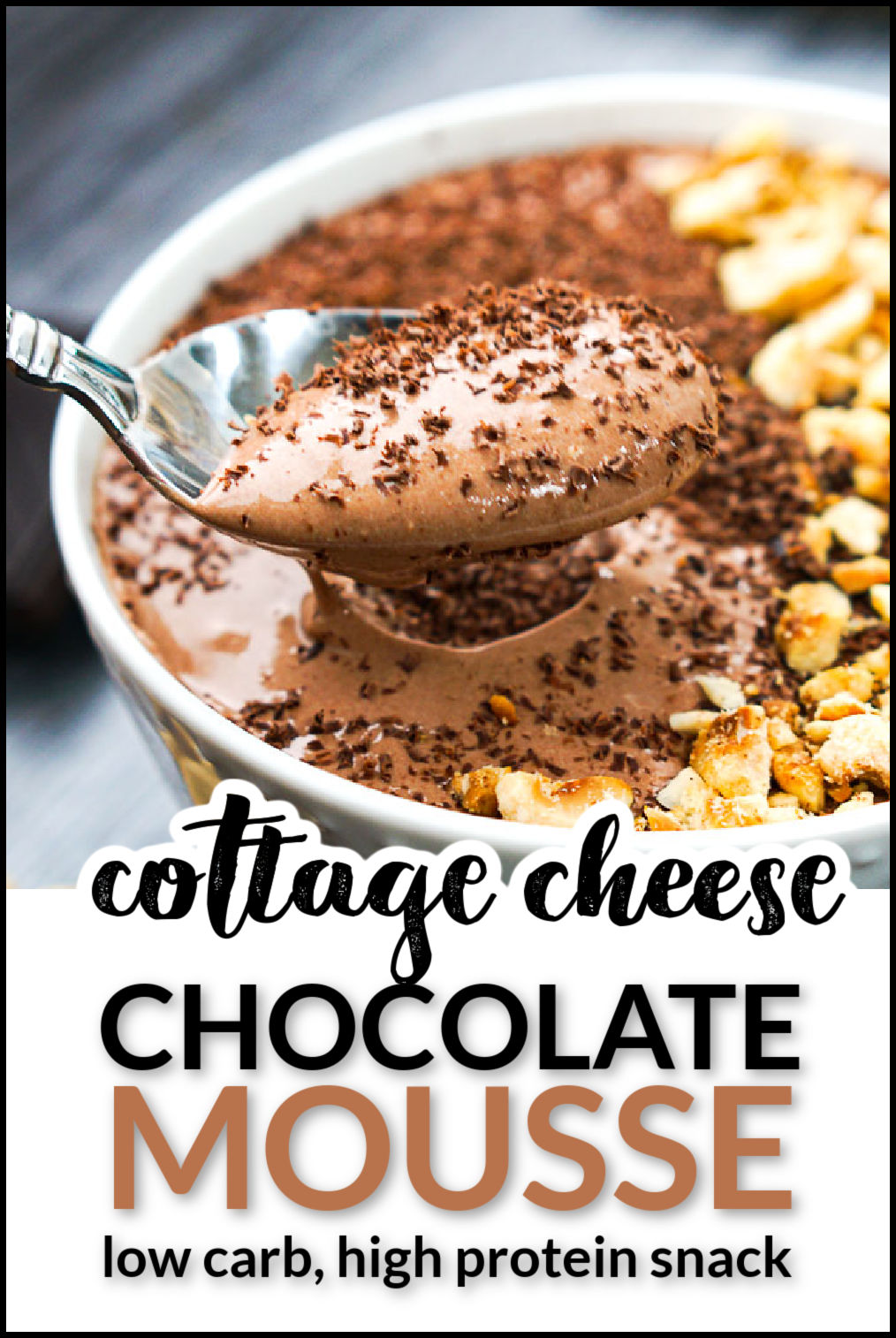 bowl of keto protein whipped cottage cheese chocolate mousse and text