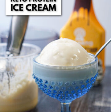 blue dish with keto salted caramel protein ice cream and text