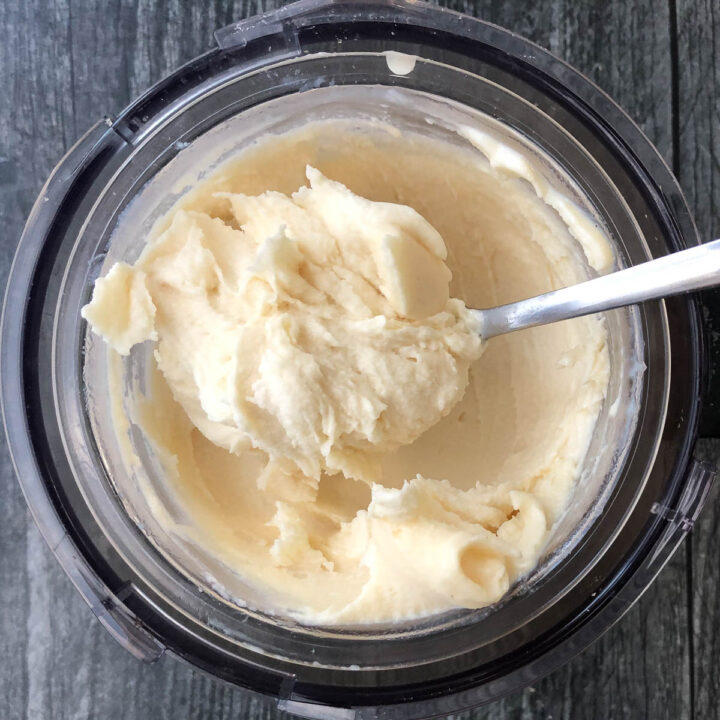 aerial view of pint with creamy keto salted caramel protein ice cream