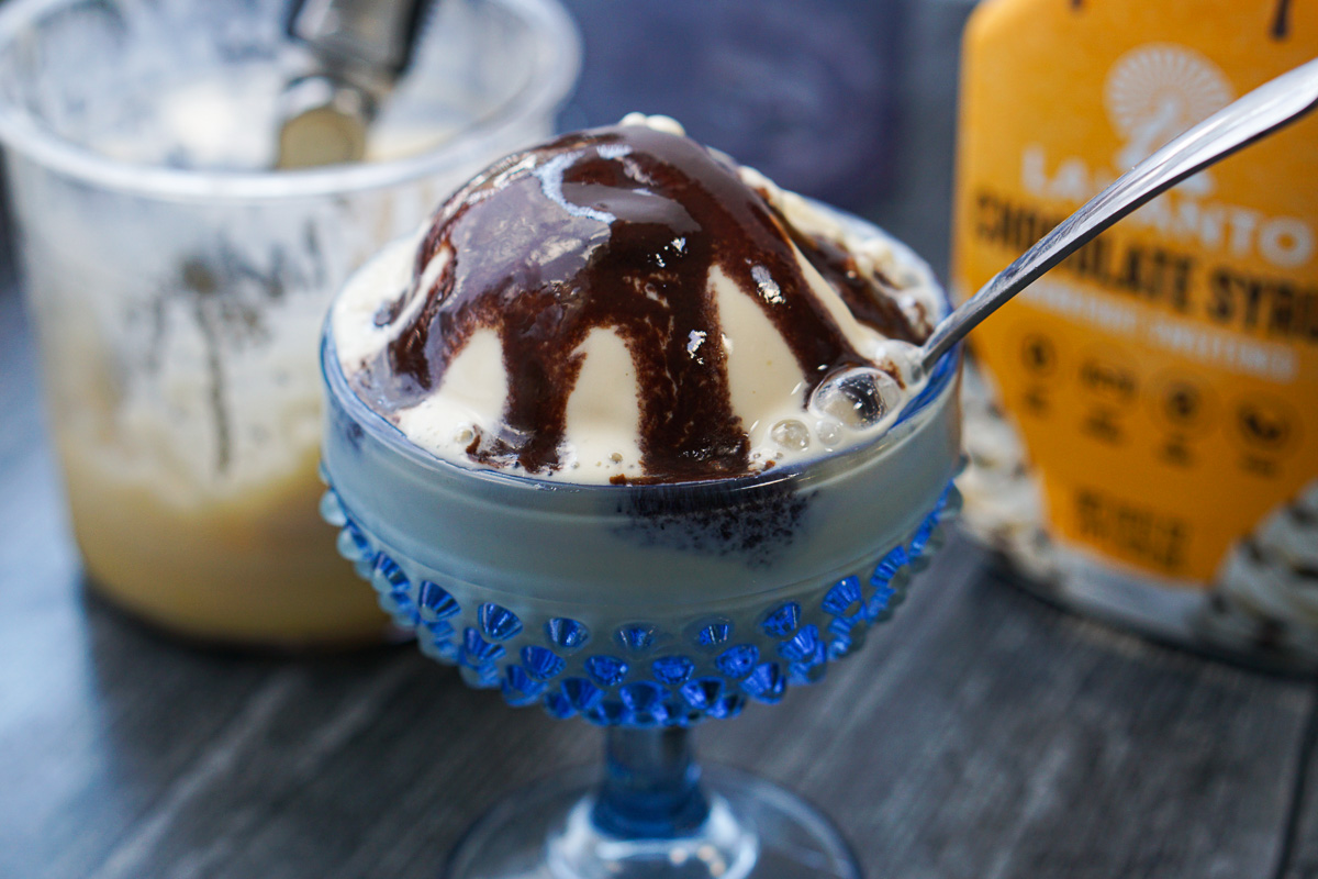 blue dish with ice cream sundae