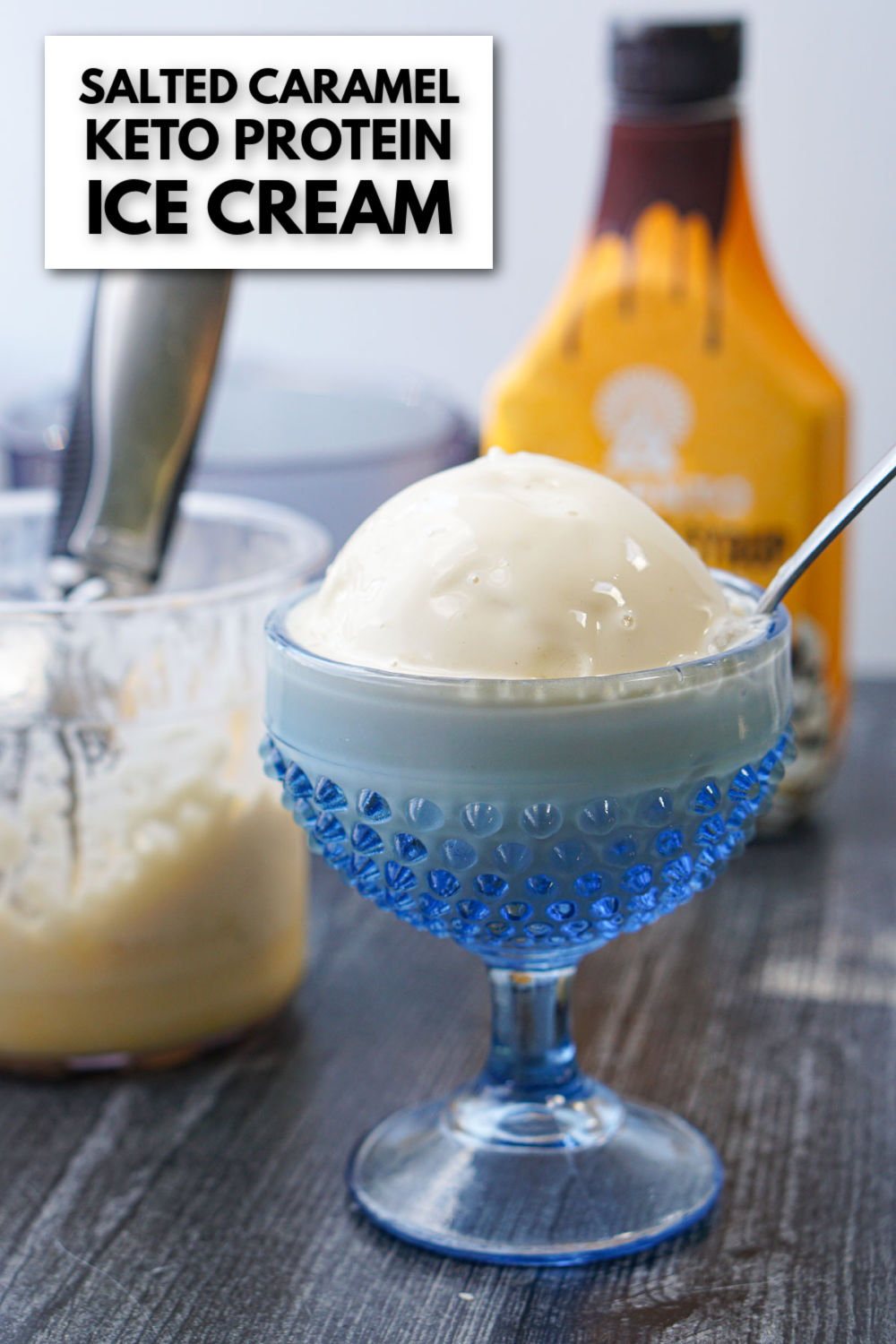 blue dish with keto salted caramel protein ice cream and text