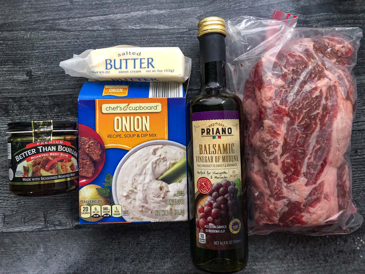 recipe ingredients - onion soup, better than bouillon, balsamic vinegar and a chuck roast