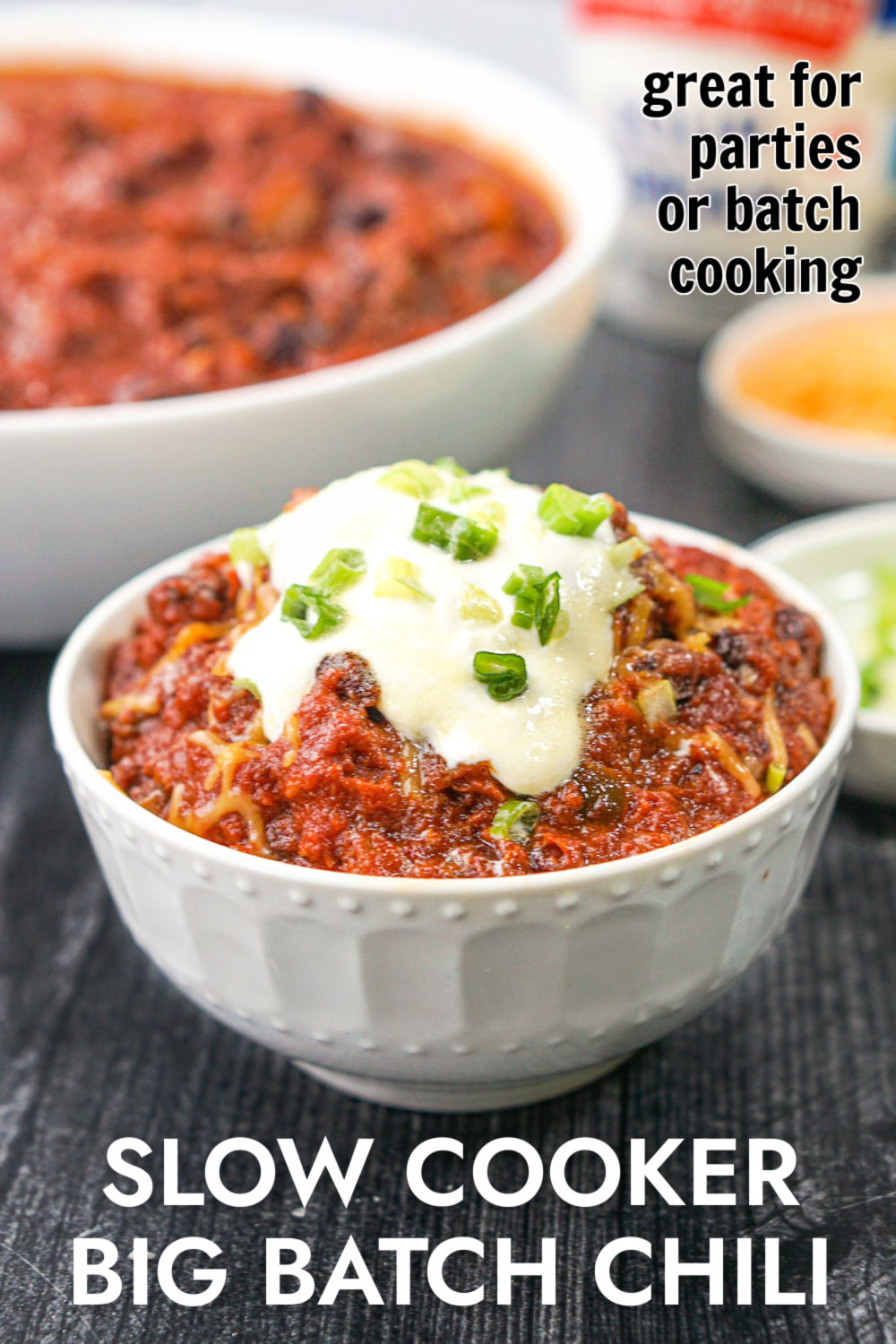 white bowls with chili and toppings with text