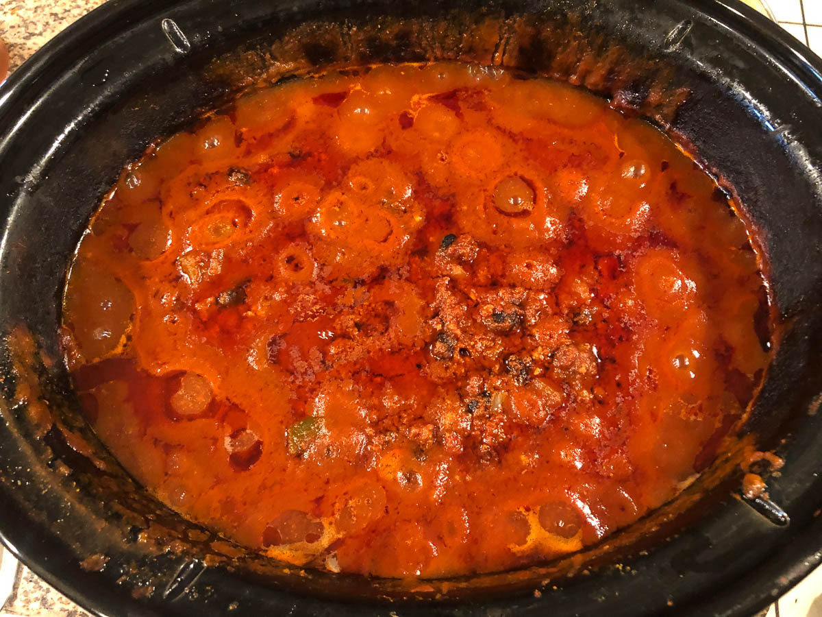 slow cooker with finished chili