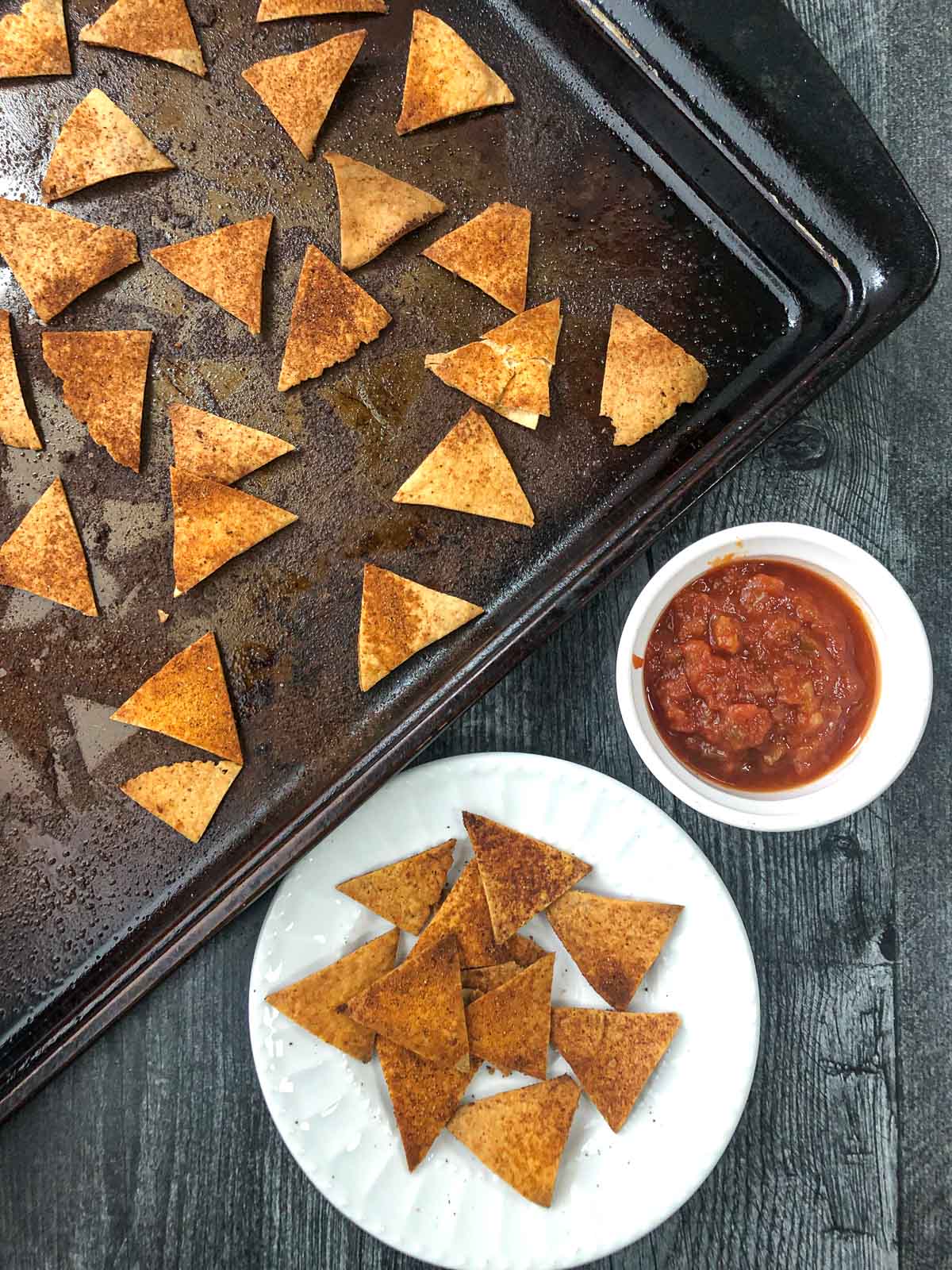 aerial view of baking try with finished homemade tortilla chips