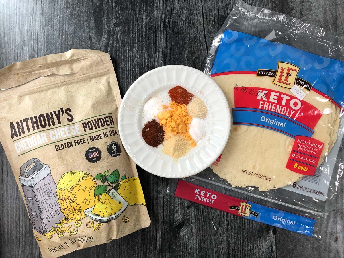 recipe ingredients - keto tortillas, spices and cheese powder
