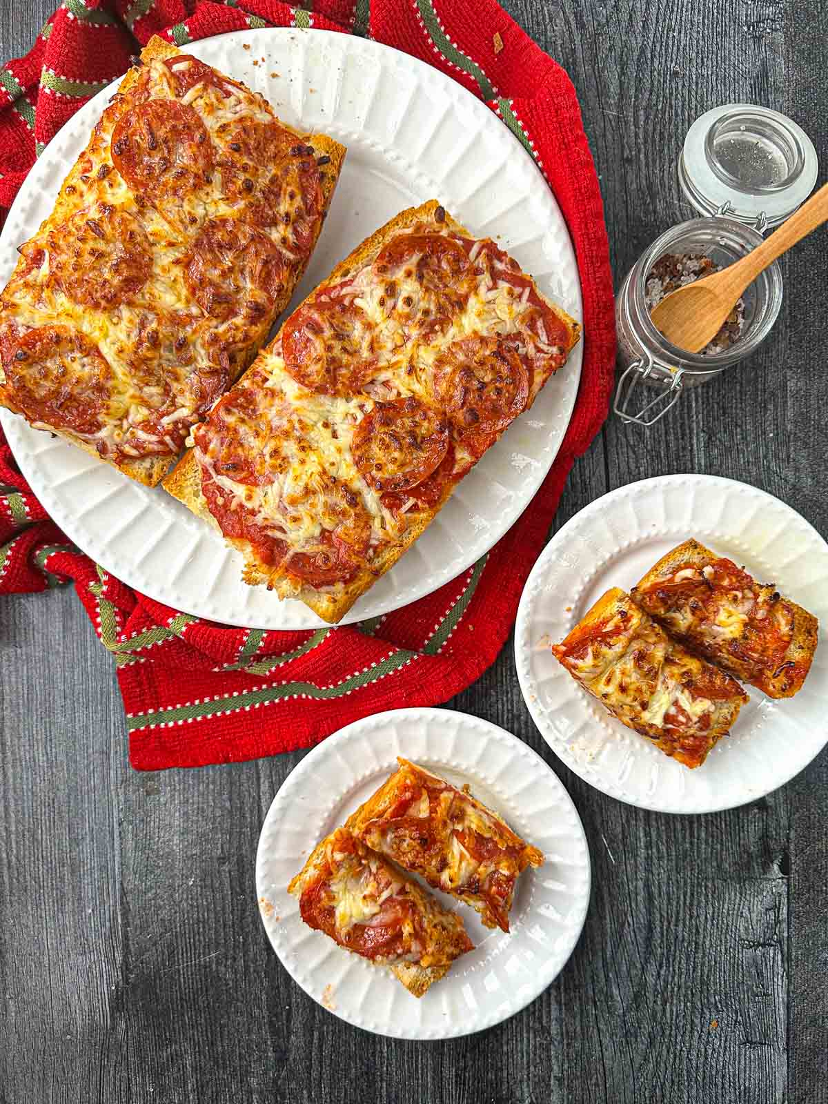 aerial view of white plate with air fryer French bread pizza