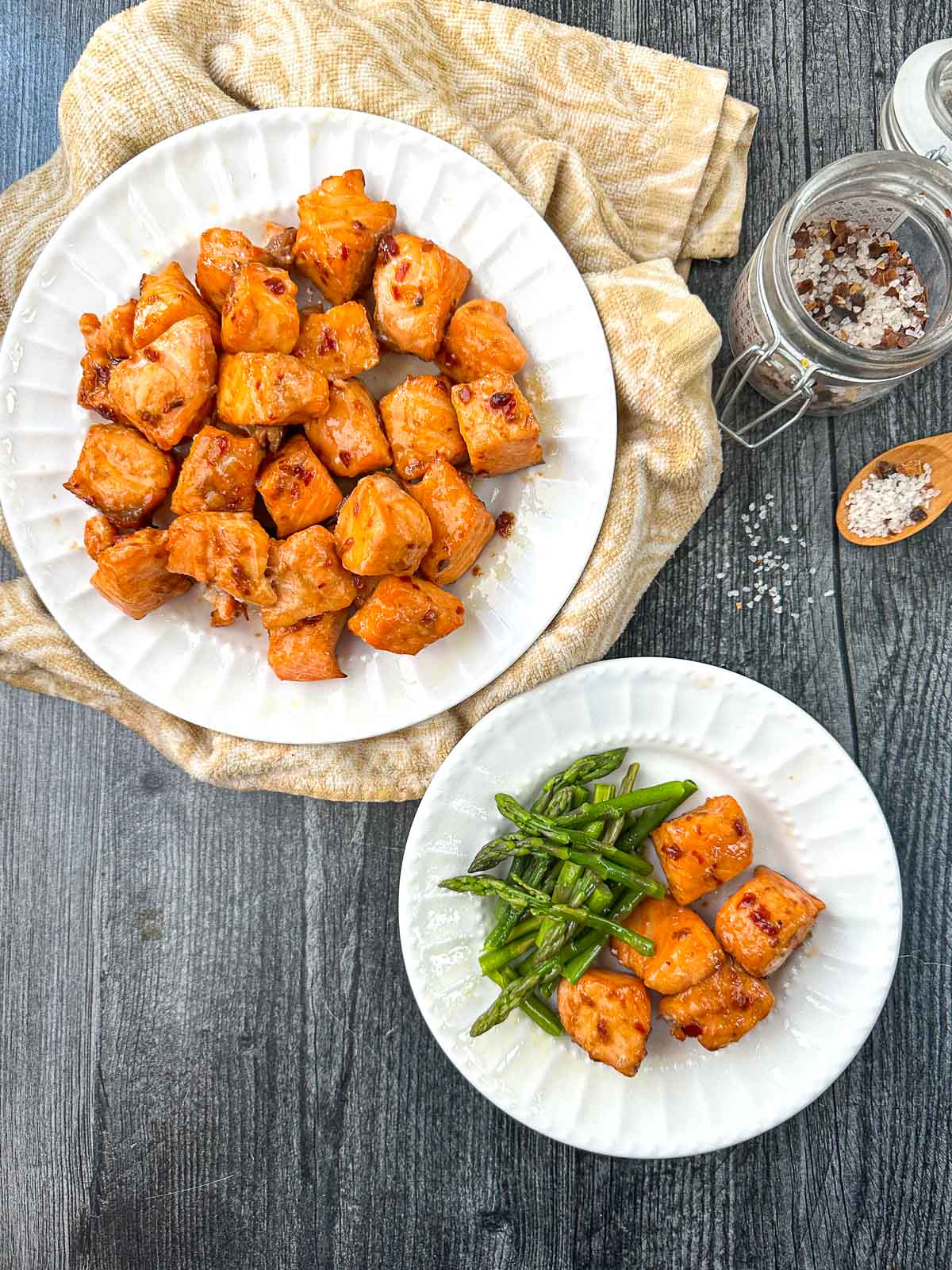 aerial view of white plate with keto salmon bites made in the air fryer