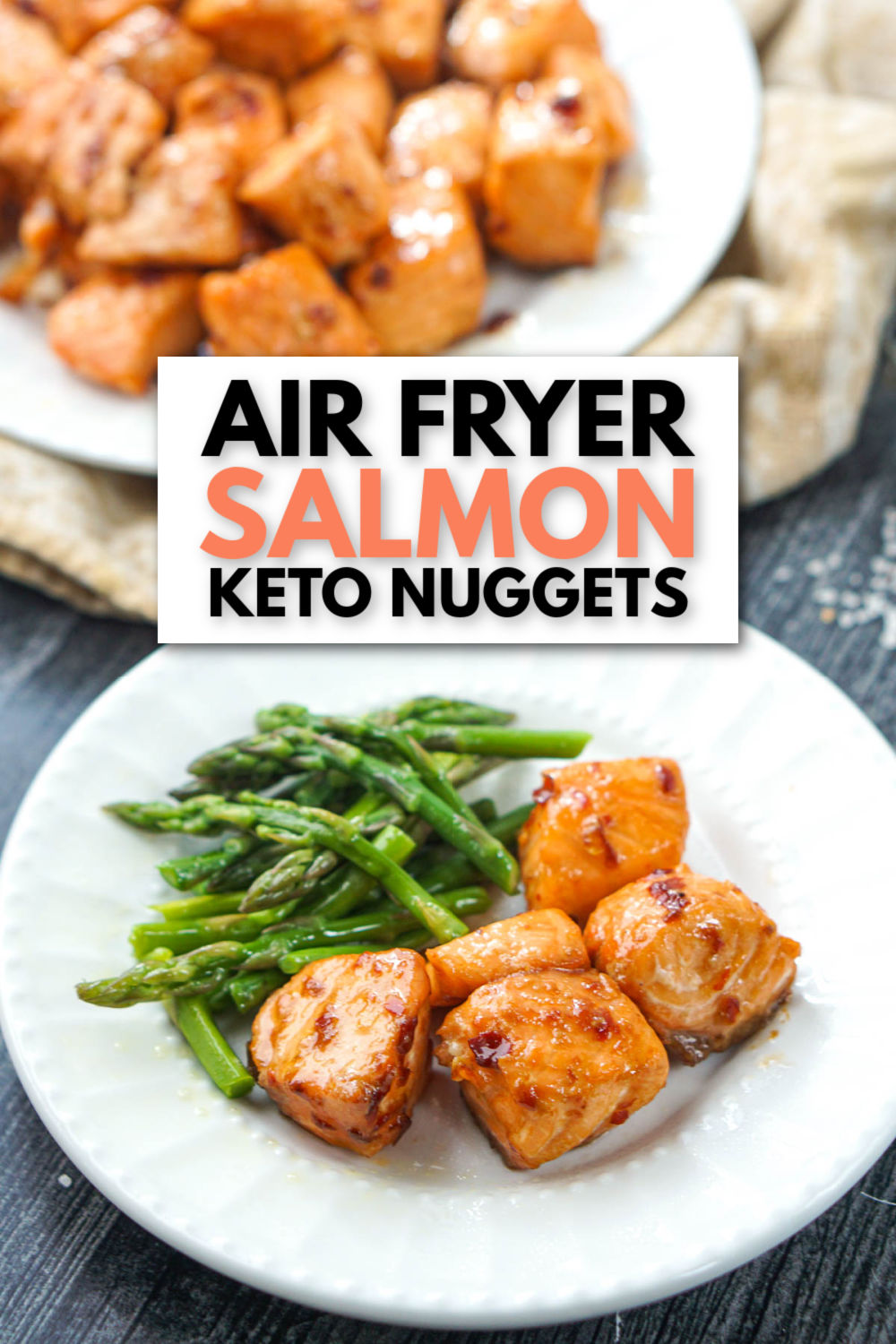 white plate with keto salmon bites made in the air fryer with text
