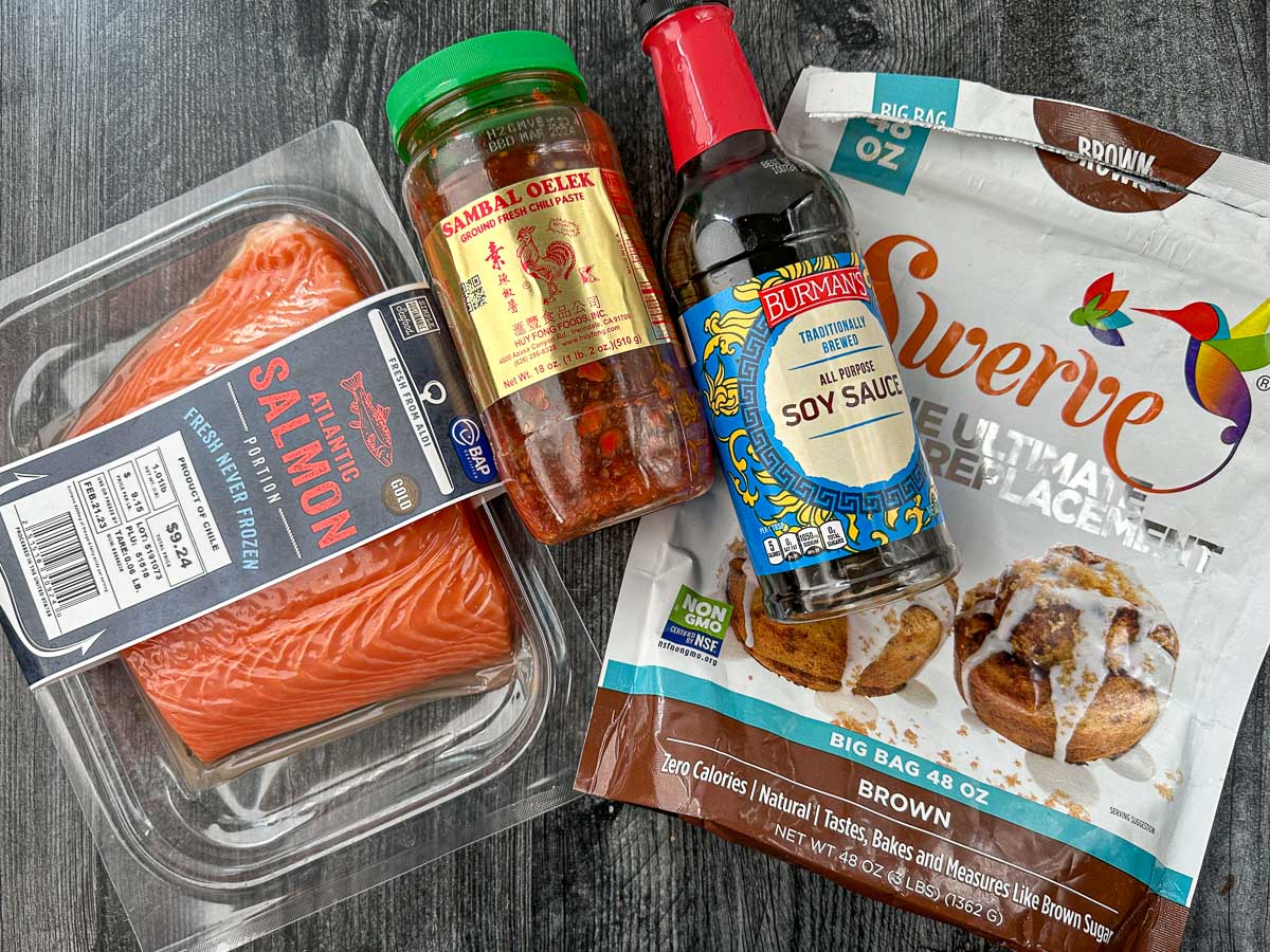 recipe ingredients - salmon, garlic chili sauce, soy sauce, swerve brown sweetener