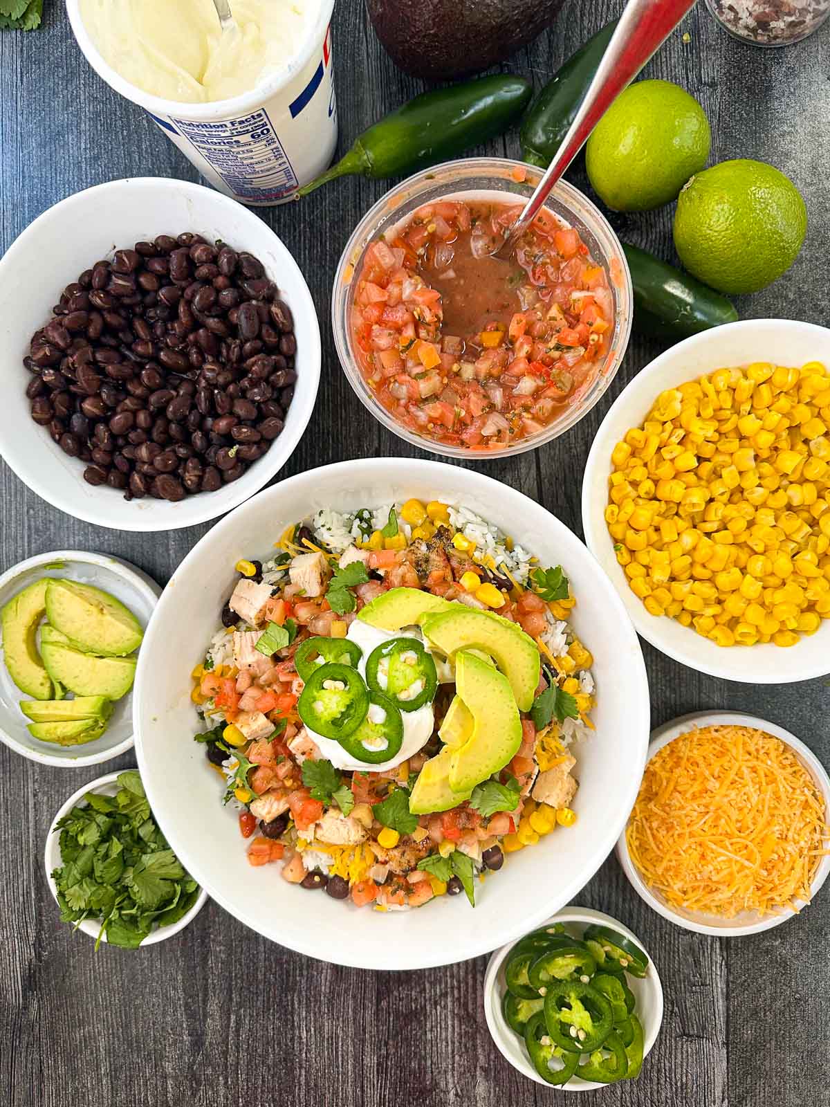 aerial view of Mexican rice bowl with fixings