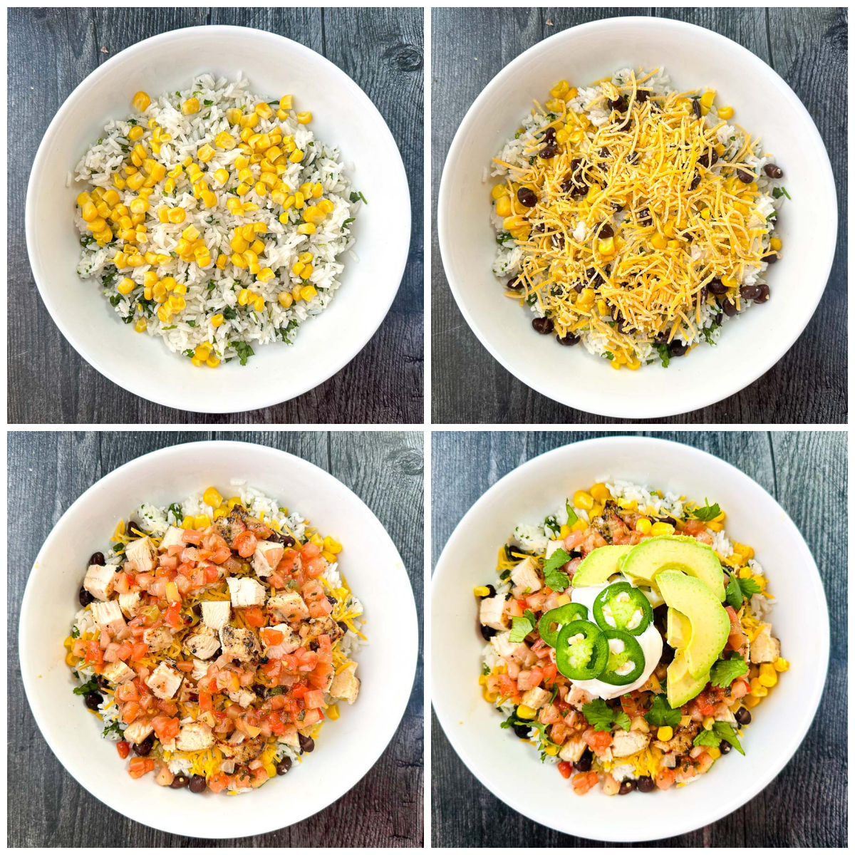collage of how to layer the fixings in the bowl