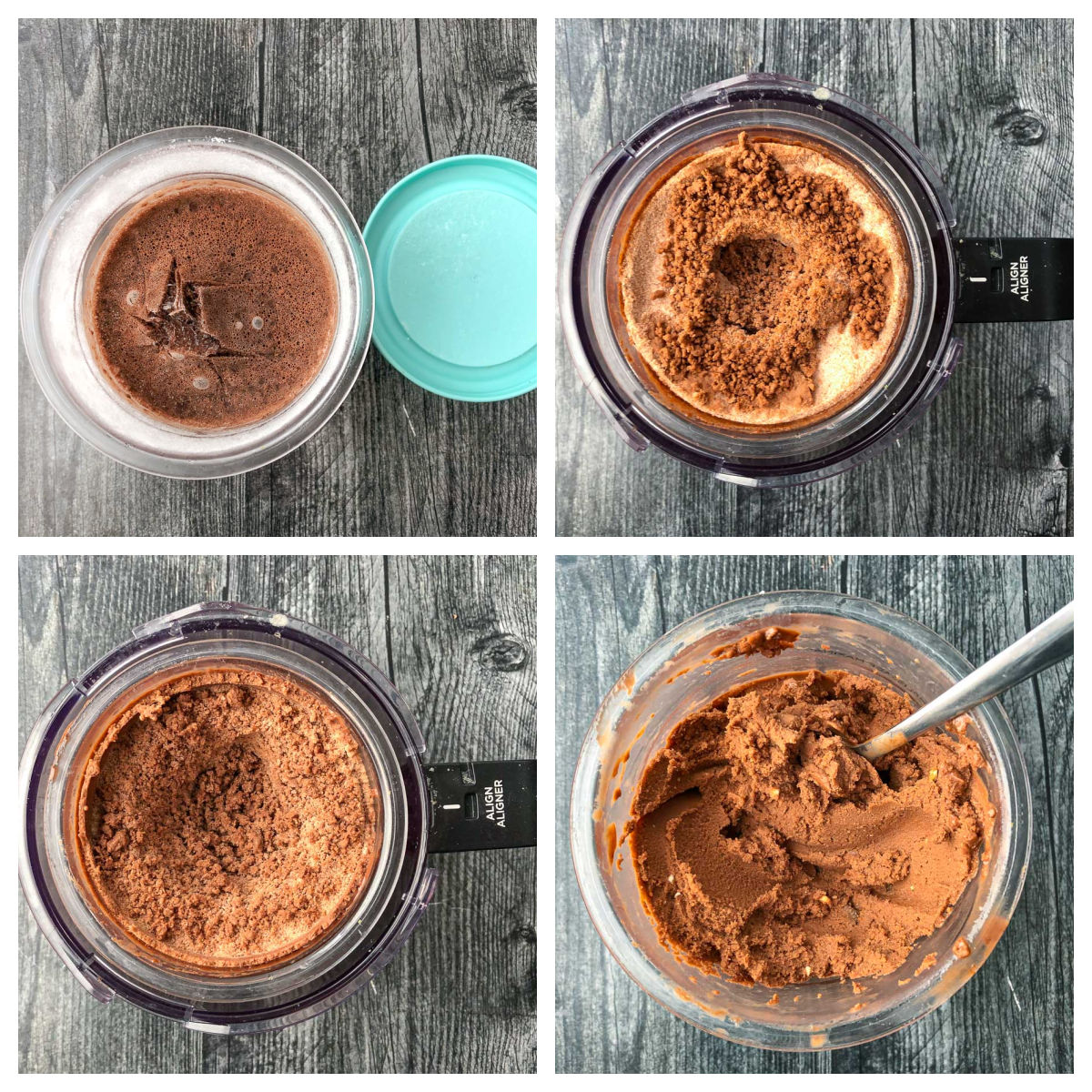 collage of steps to make chocolate ice cream in ninja creami machine