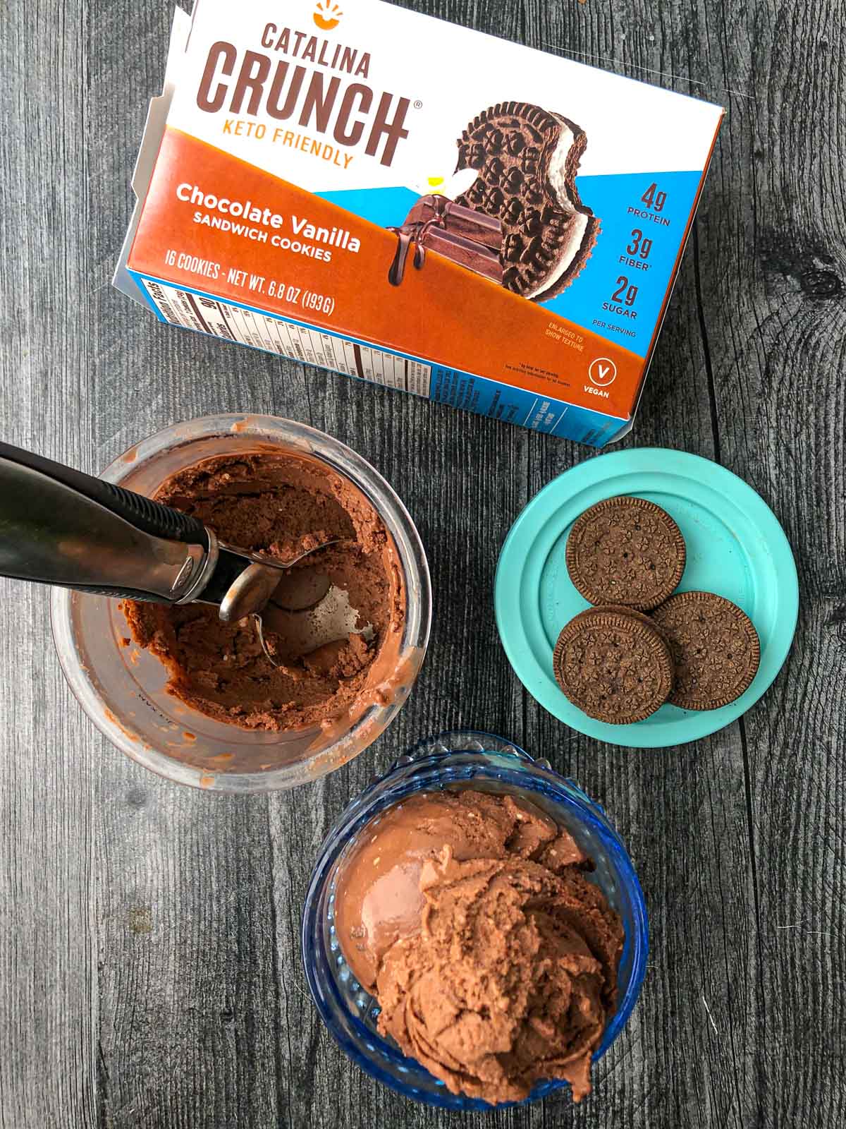 aerial view of chocolate protein ice cream and keto Oreo cookies and scoop