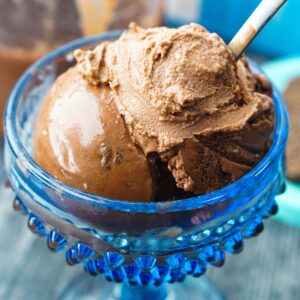 closeup of blue bowl with scoops of Ninja Creami chocolate ice cream