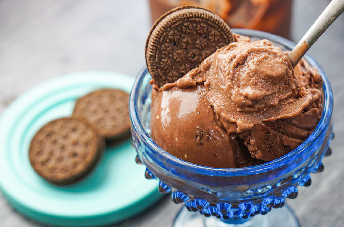 chocolate protein ice cream with keto cookies