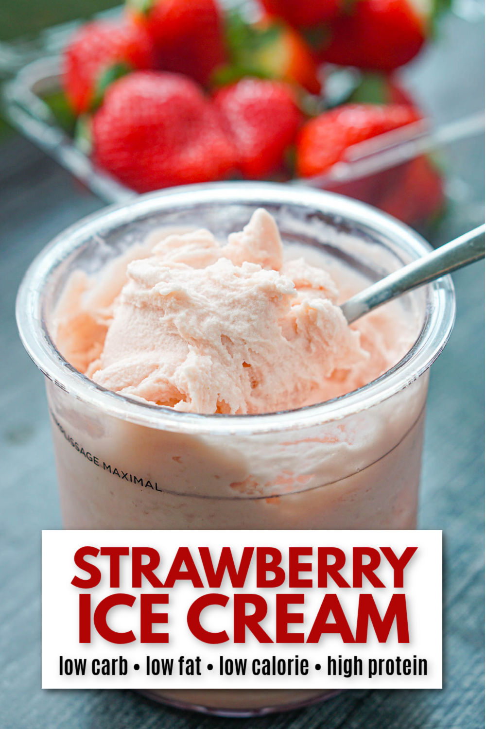 closeup of a pint container with creamy healthy strawberry ice cream with text