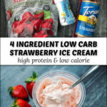 ingredients and closeup of a pint container with creamy healthy strawberry ice cream and text